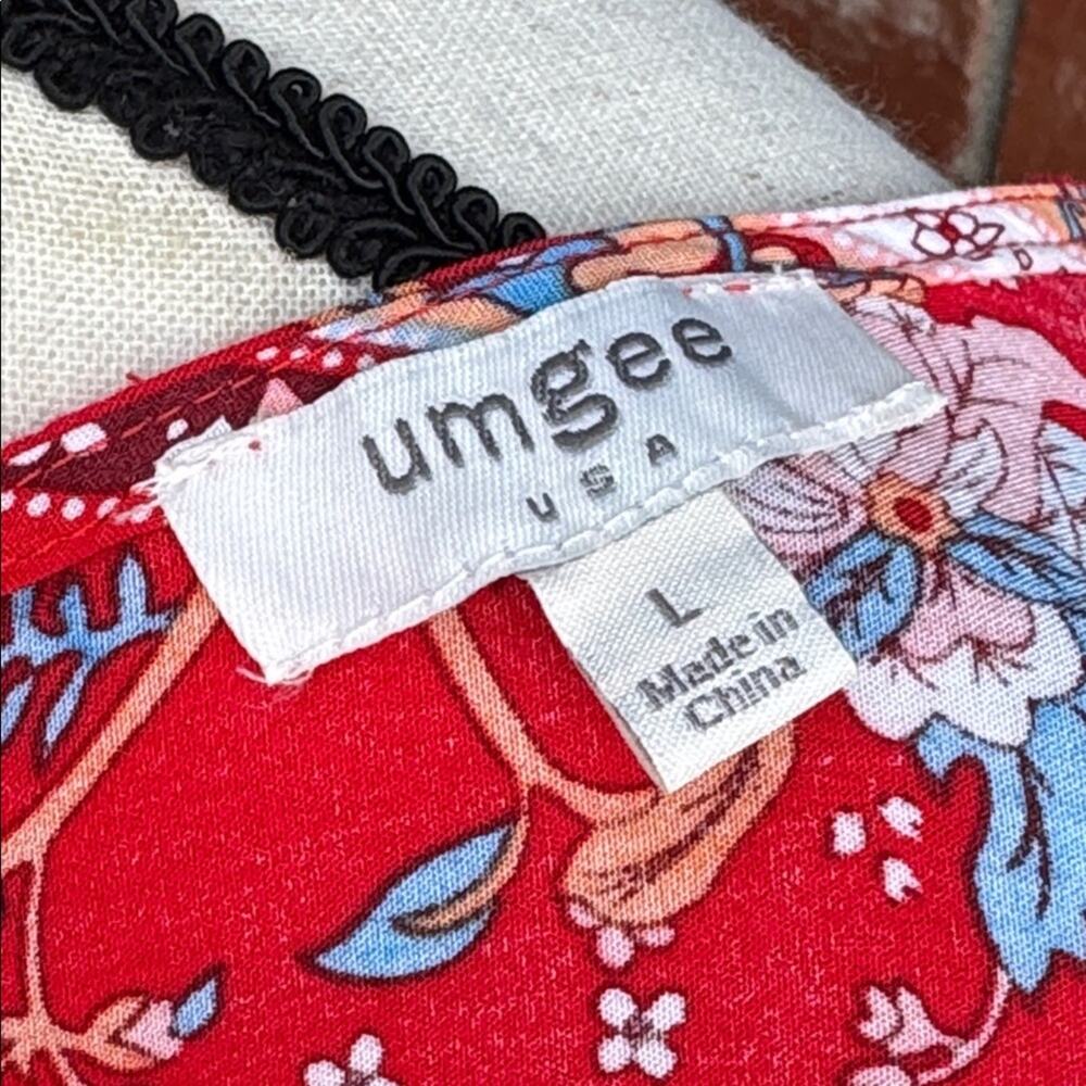 Umgee Women's Large Red Blue Floral Mini Dress Boho Bell Sleeve Oversized Tunic - Picture 7 of 8
